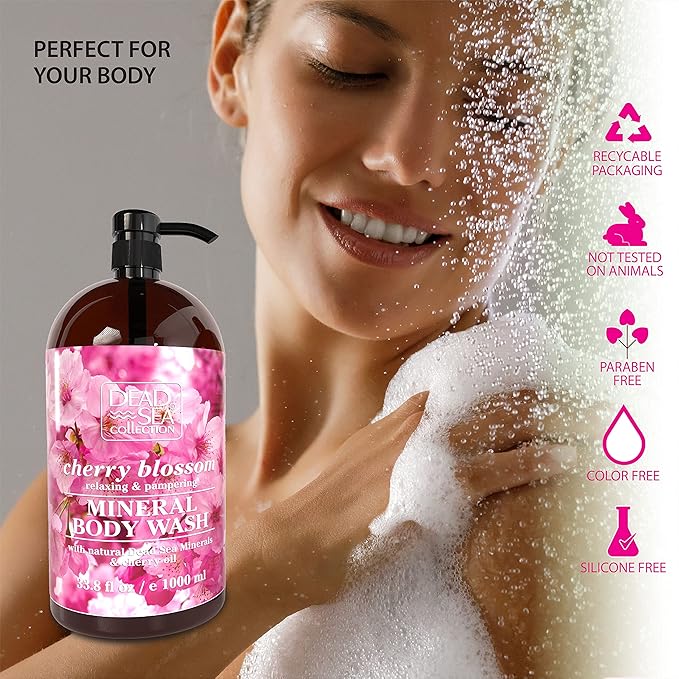 Dead Sea Collection Cherry Body Wash for Women and Men - with Pure Dead Sea Minerals and Cherry Seeds Oil - Cleanses and Moisturizes Skin - Pack of 2 (67.6 fl. oz)