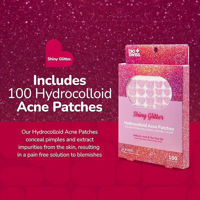 BioSwiss Pimple Patches, Shiny Glitter Patch for Zits and Blemishes, Hydrocolloid Spot Stickers for Face and Skin, 100 Count