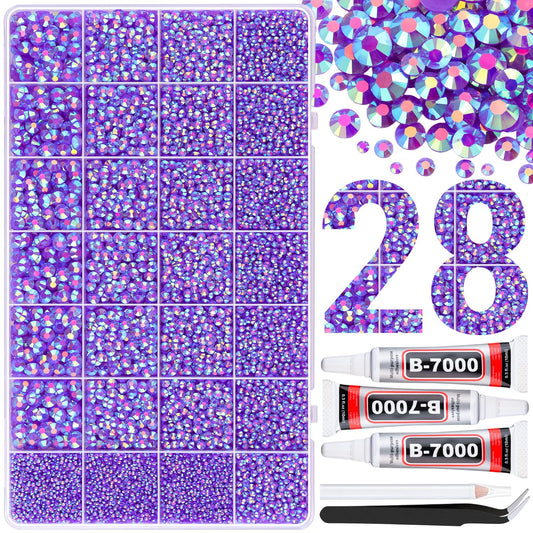 30000Pcs Resin Rhinestones for Bedazzling with 3Pcs B7000 Jewelry Glue, Dark Purple AB Flatback Gems Rhinestones for Crafting, Clothing Tumblers Mugs Shoes Fabric Decor Nail Art