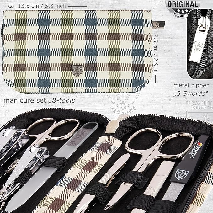 3 Swords Germany - brand quality 8 piece manicure pedicure grooming kit set synthetic leather case chequered - Made in Germany