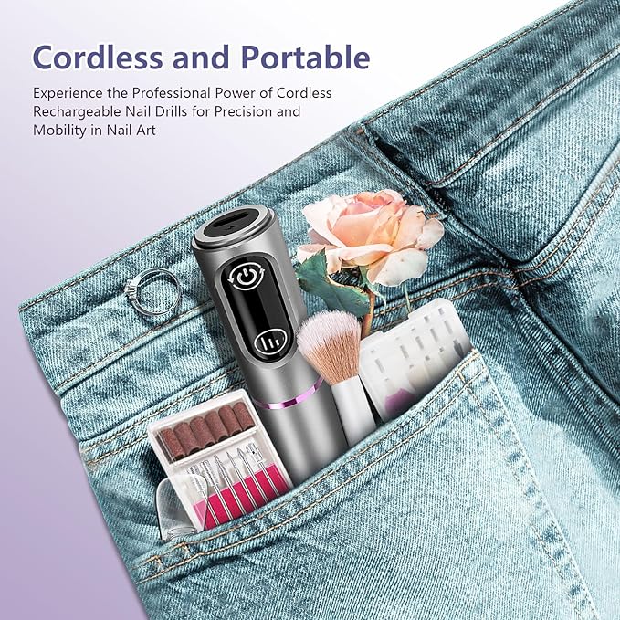 Cordless Nail Drill Electric Rechargeable File Kit, Professional Efile Acrylic Gel Nail Polish Remover Pedicure Manicure Machine Portable Set with 11 Bits 56 Sanding Bands for Salon Home Gray
