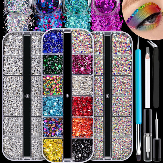 4500pcs Face Gems for Makeup with Glue, 2-5mm Round Glass Crystal AB + Clear + Mixed Color Chameleon Rhinestones & 4 Colors Cosmetic Chunky Glitter with Dotting Tools, Jewels for Make-up, Nail Art
