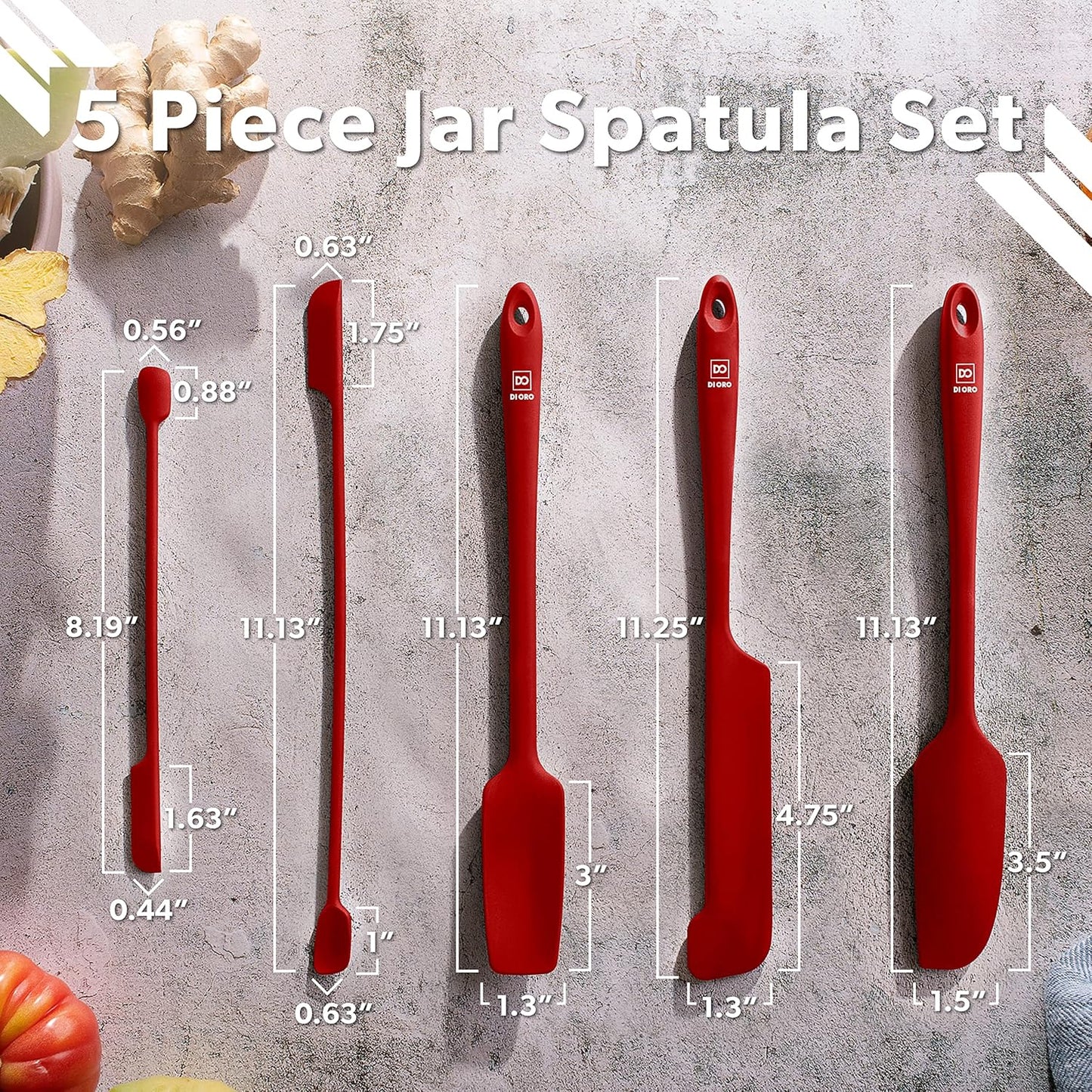 DI ORO Silicone Jar Spatulas for Scraping - Rubber Spatulas Silicone Heat Resistant - Kitchen Spatulas Nonstick Cookware Safe - Silicone Utensil Set for Blenders, Mixing, Baking, & Makeup (5pc, Red)
